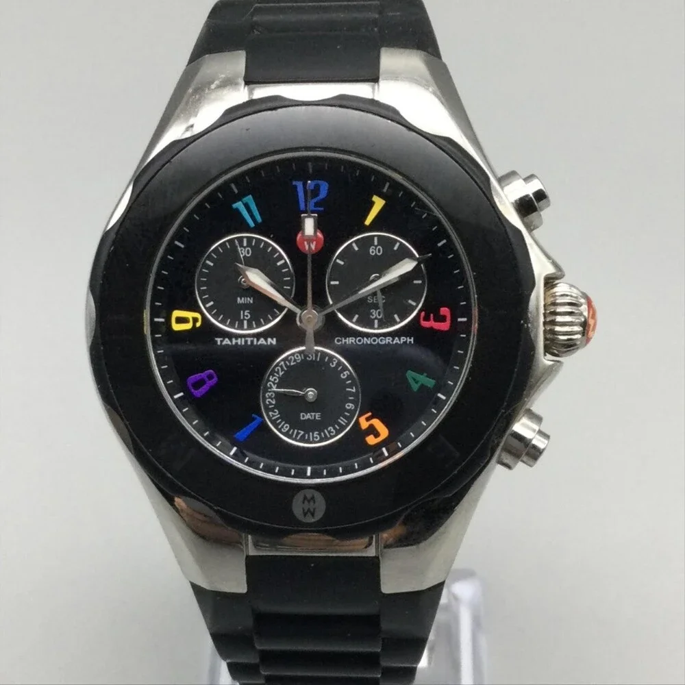 Michele Tahitian Jelly Bean Chronograph Womens Watch 37mm Black Dial New Battery